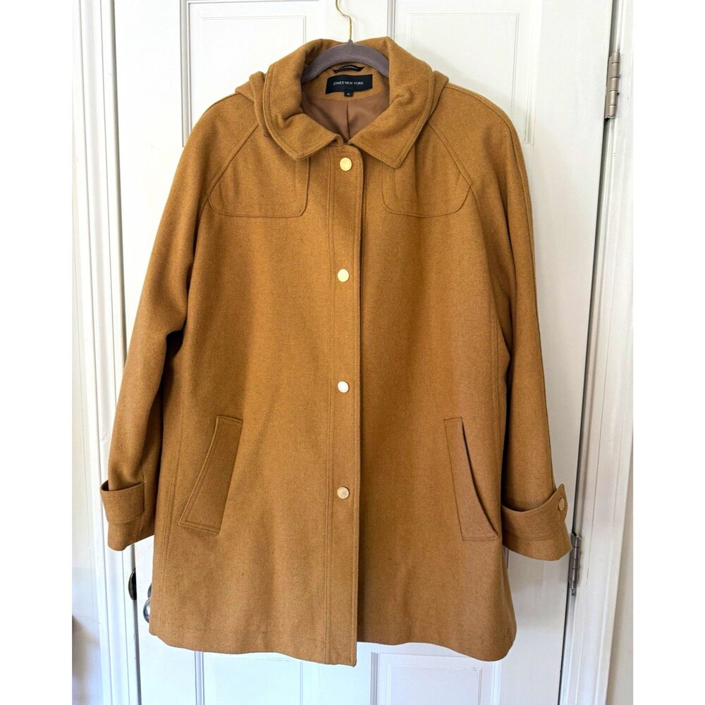 Vintage Jones New York Womens 1X Camel Wool Blend Hooded Coat Gold Buttons